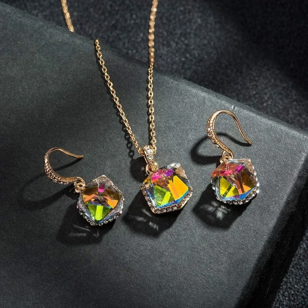 New Colorful Cubic Austrian Crystal Pendant Necklace Earrings for Women … - Picture 3 of 9
